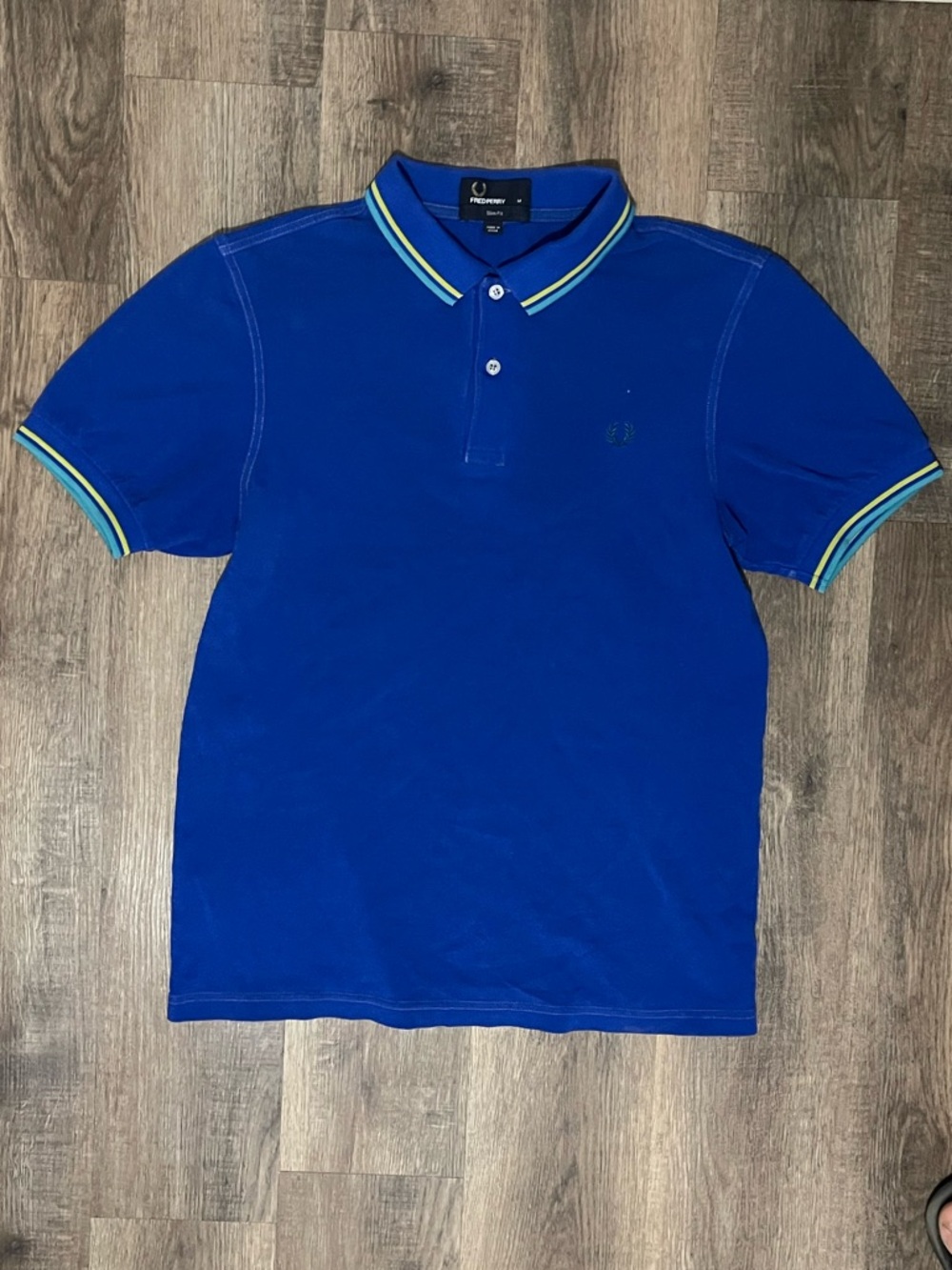 Fred Perry Blue Polo with Yellow & Green Tipped Collar